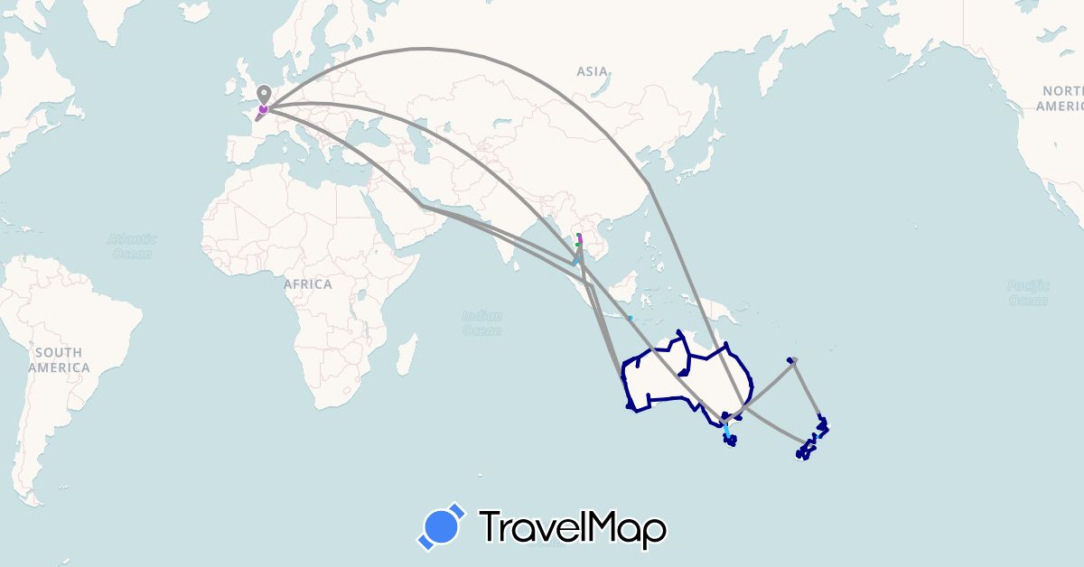 TravelMap itinerary: driving, bus, plane, train, boat in Australia, China, France, Indonesia, Malaysia, New Caledonia, New Zealand, Qatar, Singapore, Thailand (Asia, Europe, Oceania)